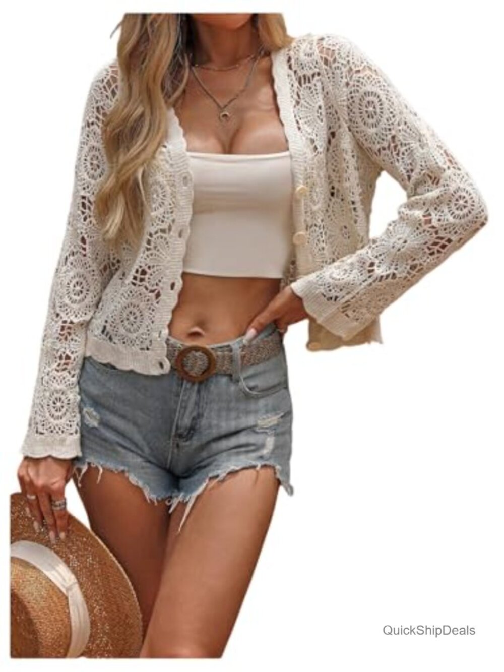 Crochet Boho Lightweight Cardigan Sweater Button Front Long Sleeve
